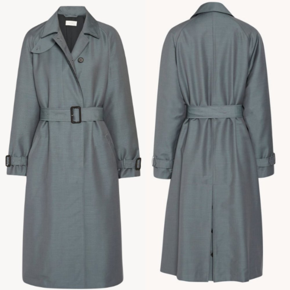 London Fog Vintage Maxi Belted Double-Breasted Trench Coat GRAY/Slate Blue SZ 10